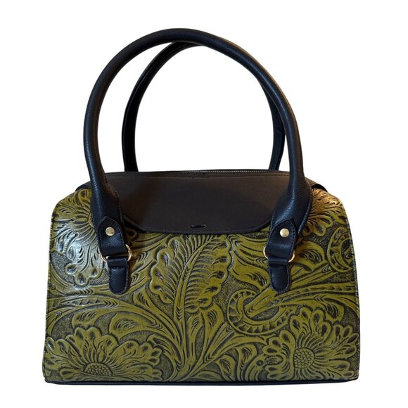 Tooled handmade olive green‎ vegan leather satchel shoulder handbag Women Large - Picture 3 of 8